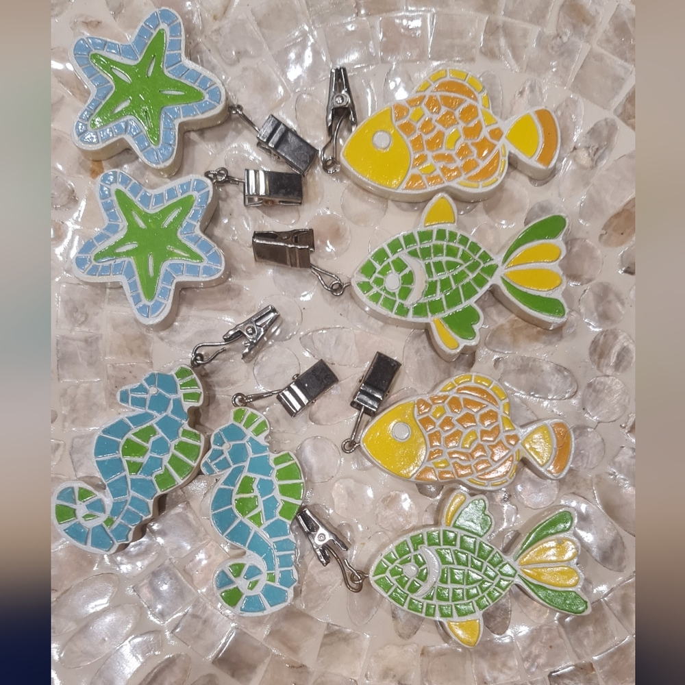 Colorful Mosaic Fish & Sea Creature Picnic Tablecloth Clips Weights Set/8 EUC